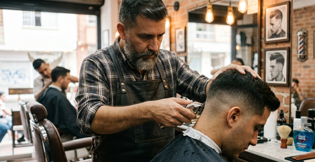 Barbería realizando perfilado para mantener el corte de barbería impecable.